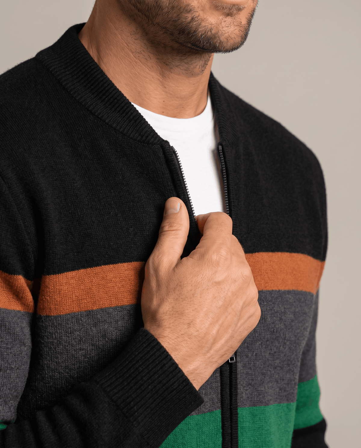 Striped Full-Zip Cardigan Sweater – Stand Collar, Ribbed Trim & Relaxed Fit | Soren