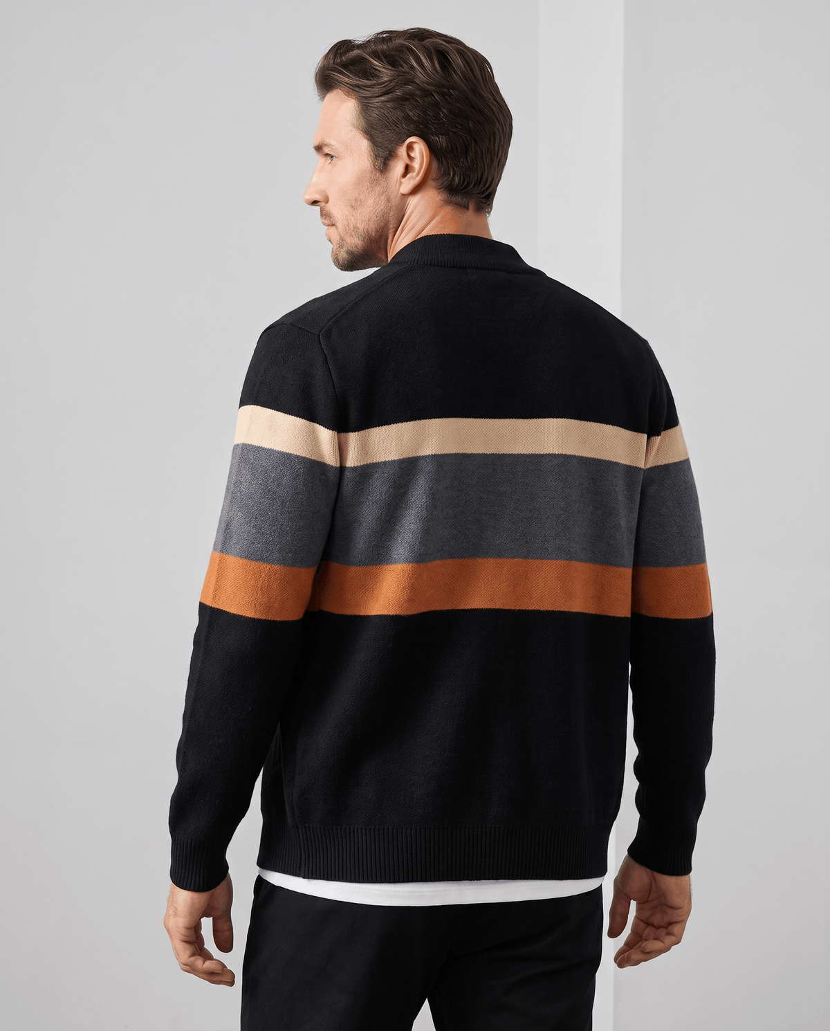 Striped Full-Zip Cardigan Sweater – Stand Collar, Ribbed Trim & Relaxed Fit | Soren