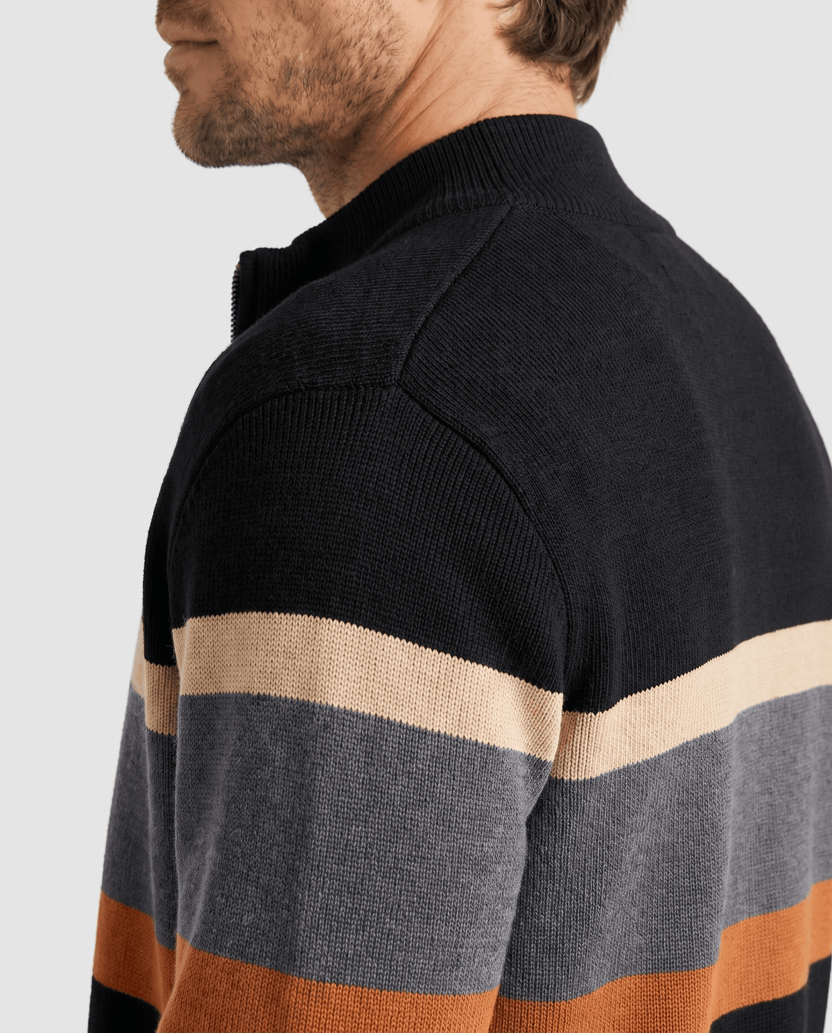 Striped Full-Zip Cardigan Sweater – Stand Collar, Ribbed Trim & Relaxed Fit | Soren