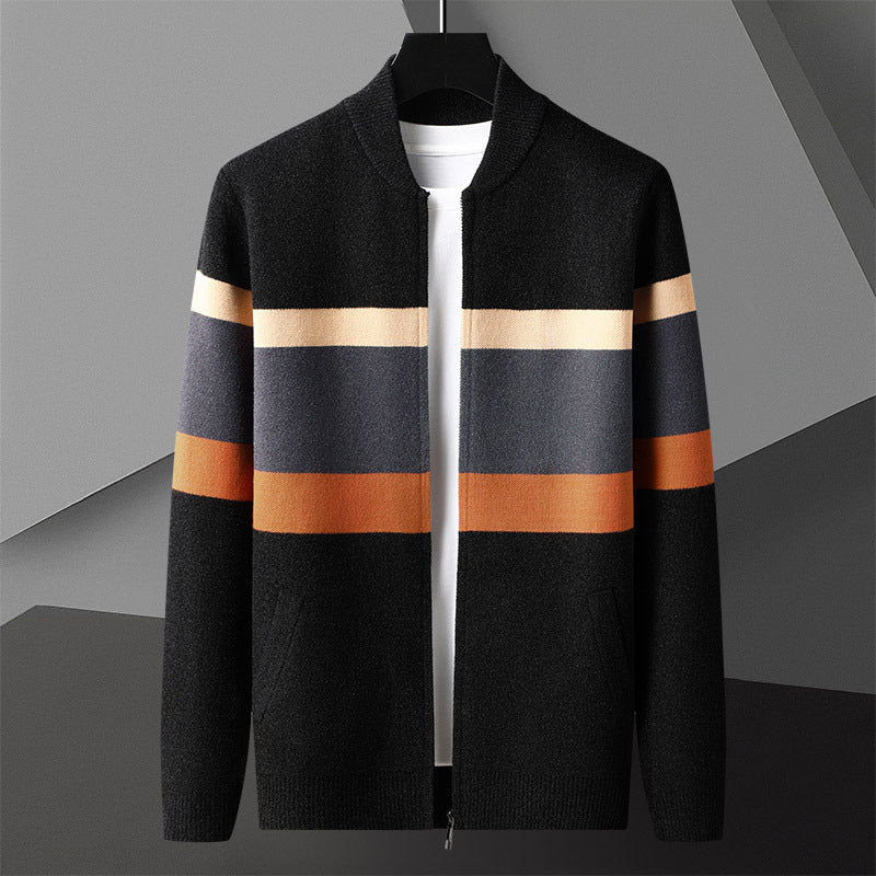 Striped Full-Zip Cardigan Sweater – Stand Collar, Ribbed Trim & Relaxed Fit | Soren
