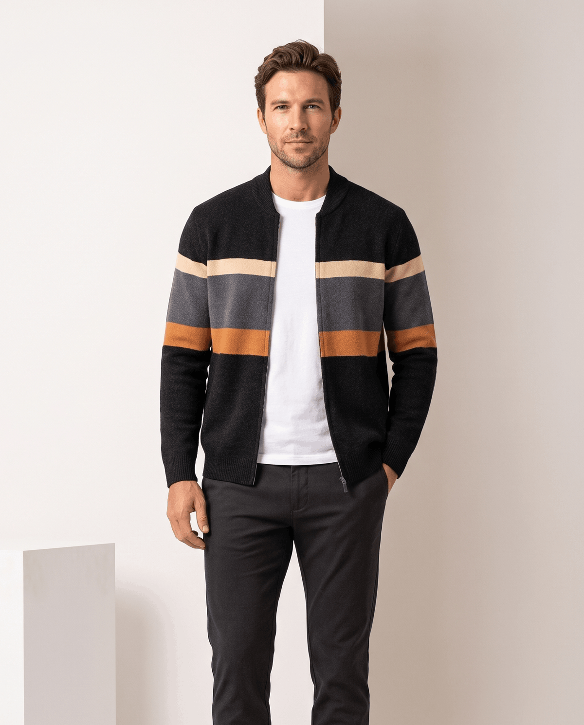 Striped Full-Zip Cardigan Sweater – Stand Collar, Ribbed Trim & Relaxed Fit | Soren