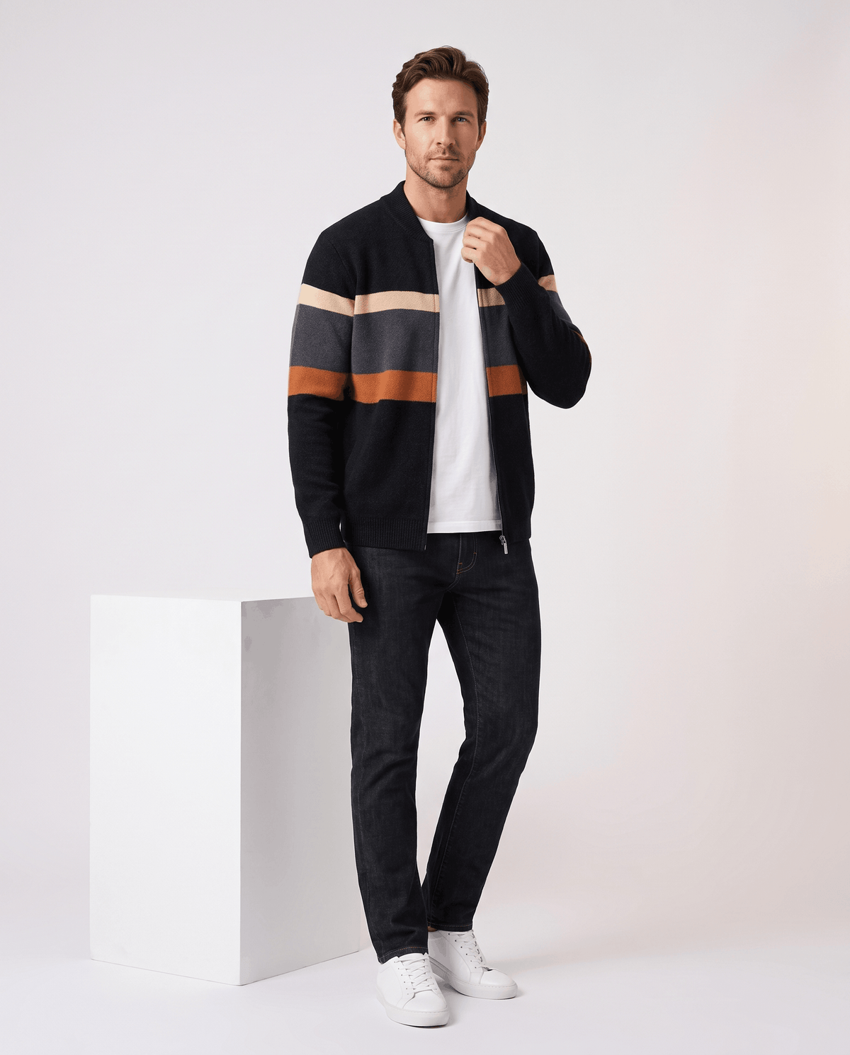 Striped Full-Zip Cardigan Sweater – Stand Collar, Ribbed Trim & Relaxed Fit | Soren