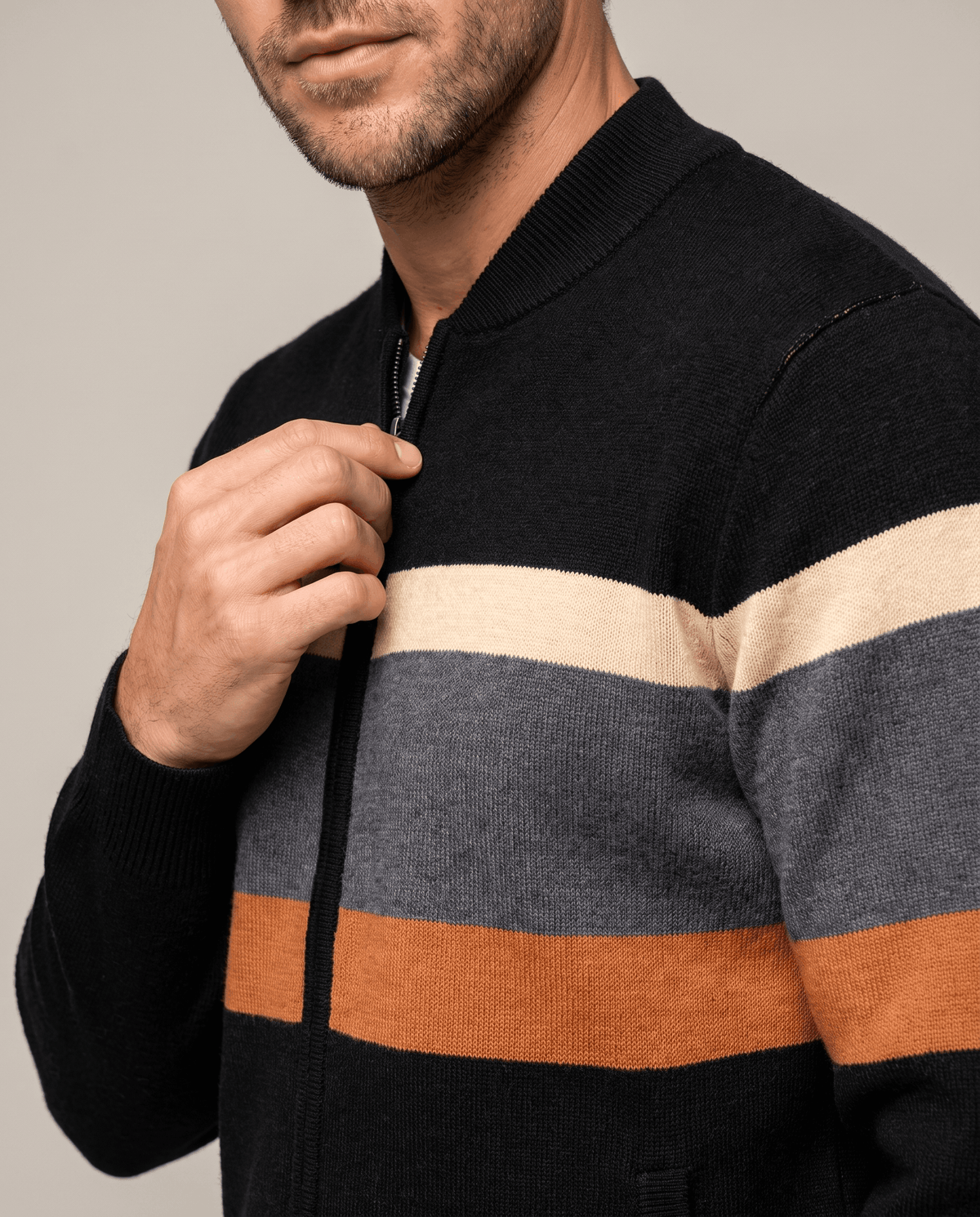 Striped Full-Zip Cardigan Sweater – Stand Collar, Ribbed Trim & Relaxed Fit | Soren