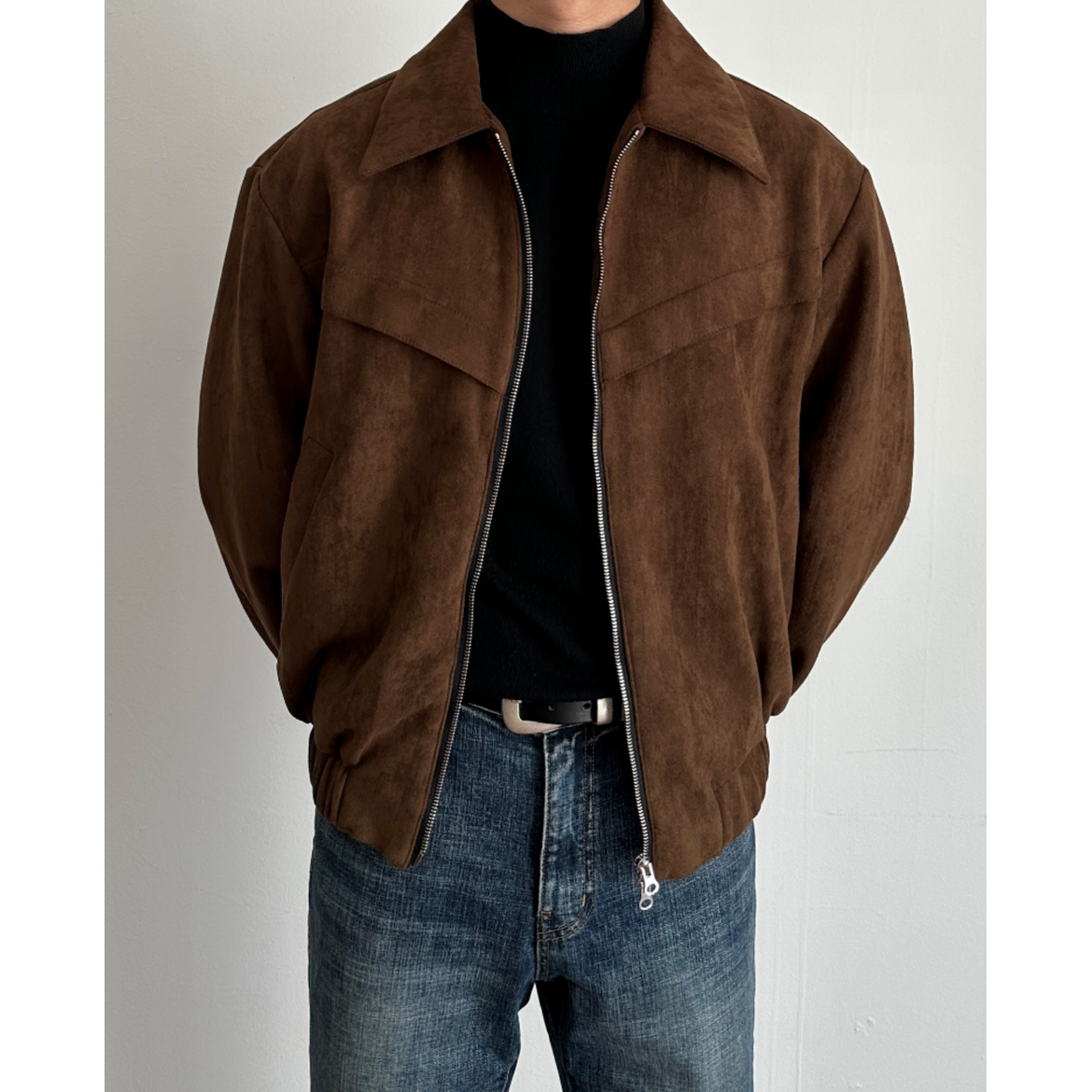 Men's Suede Jacket with Zip Closure and Pointed Collar