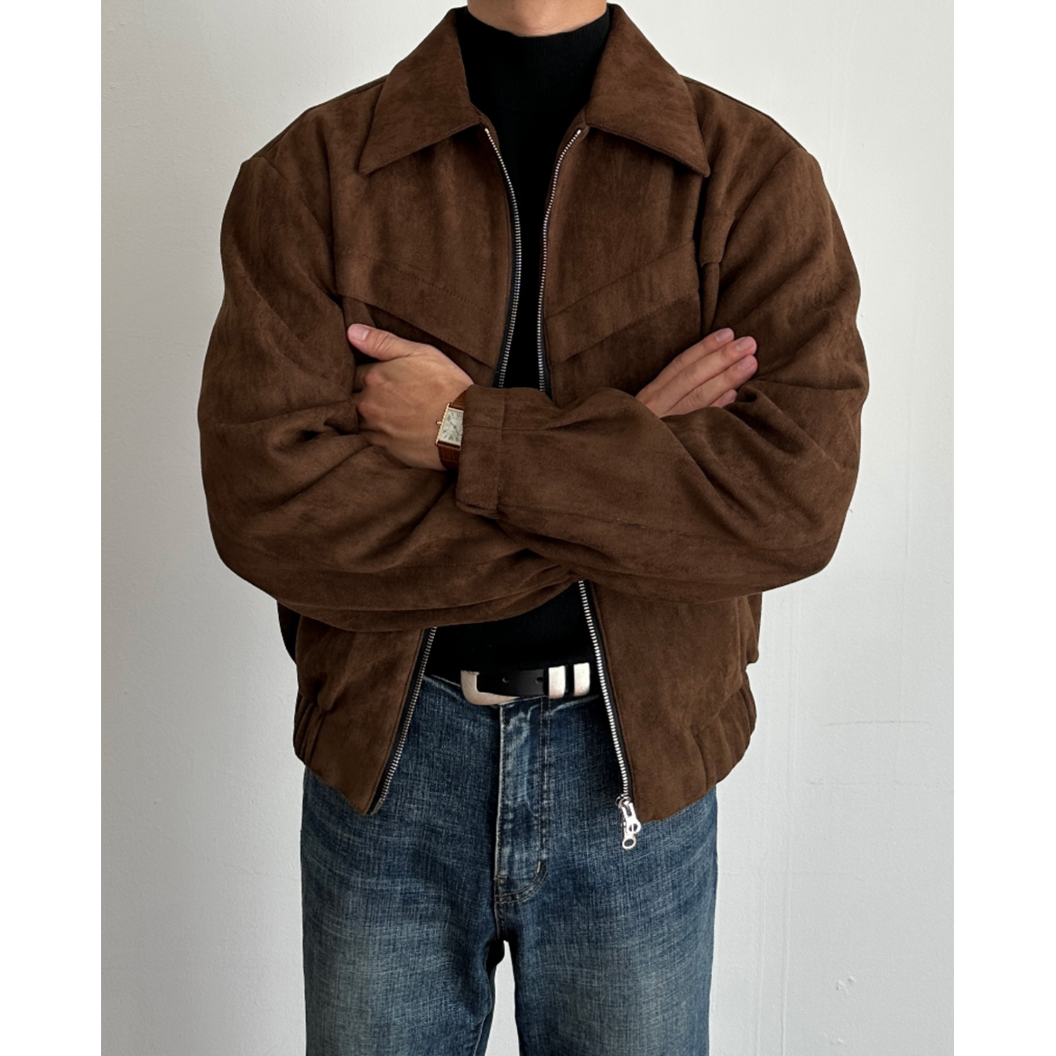 Men's Suede Jacket with Zip Closure and Pointed Collar
