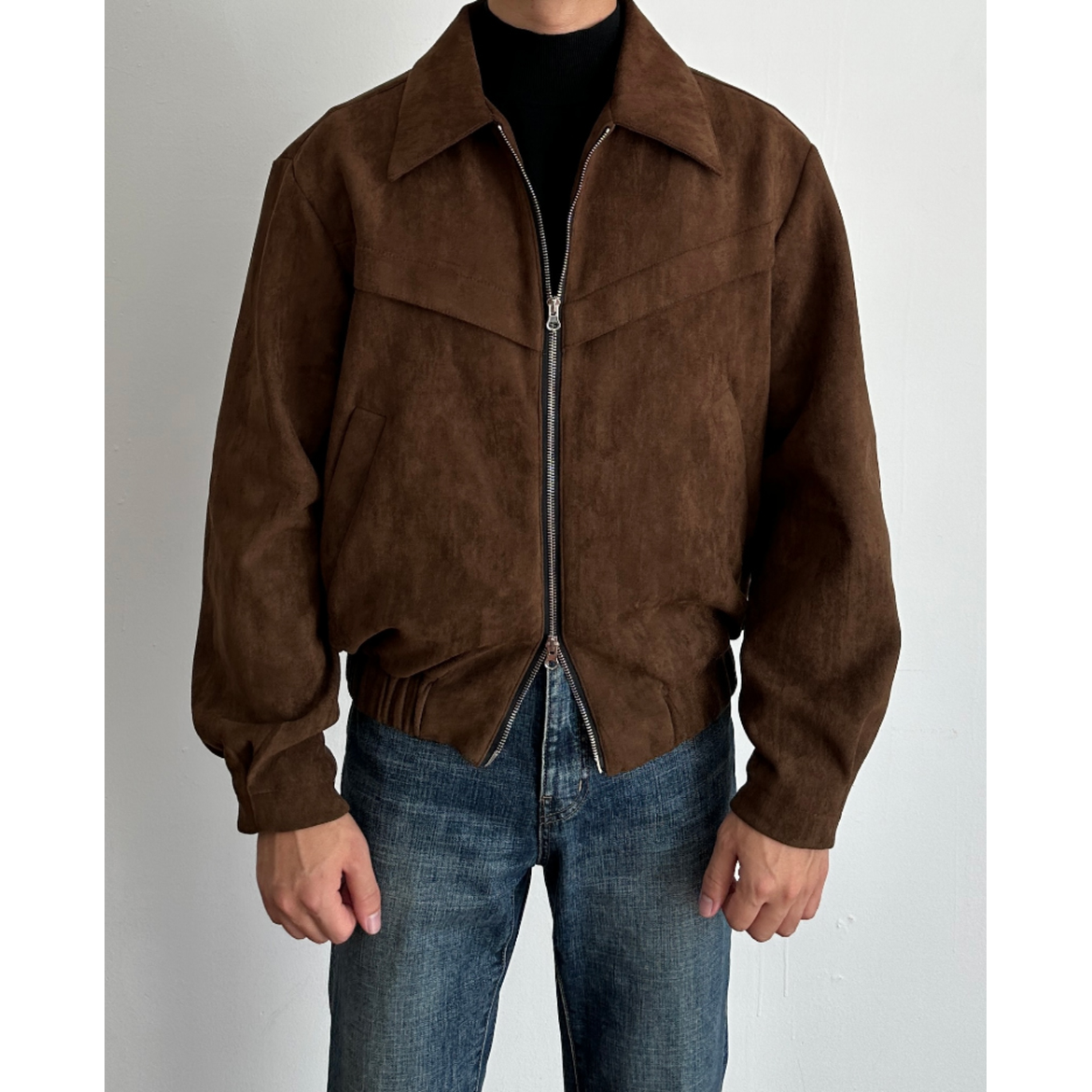 Men's Suede Jacket with Zip Closure and Pointed Collar
