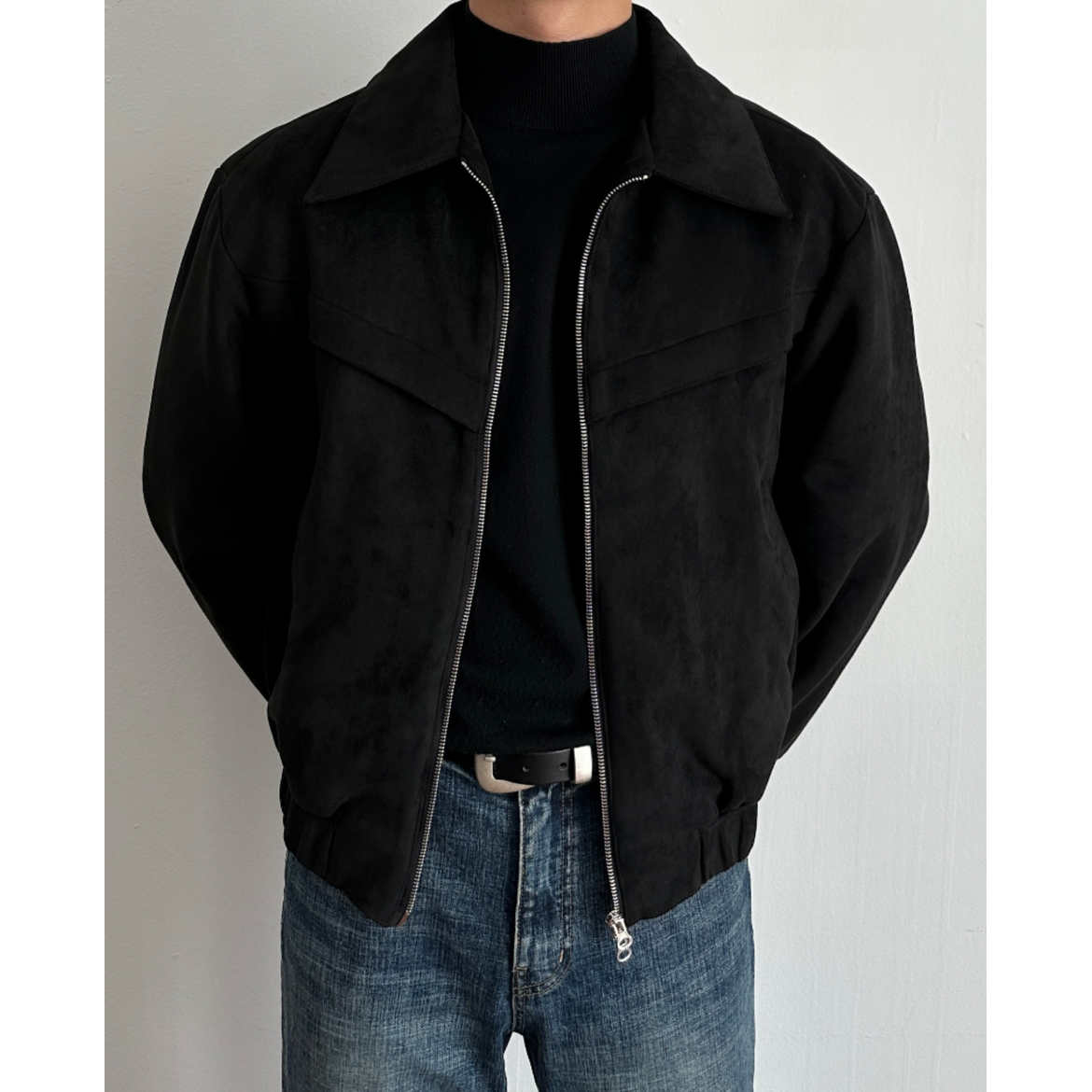 Men's Suede Jacket with Zip Closure and Pointed Collar