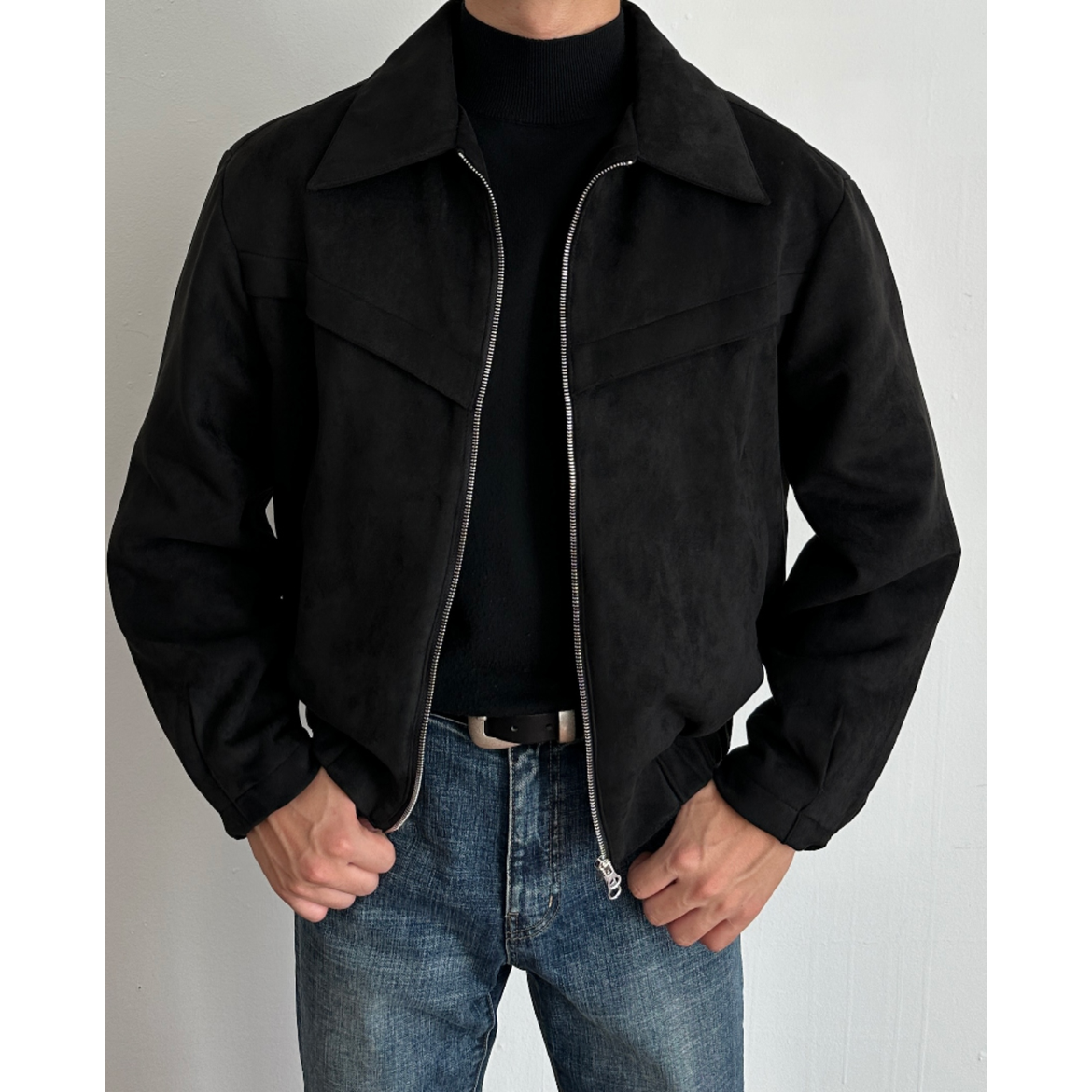 Men's Suede Jacket with Zip Closure and Pointed Collar