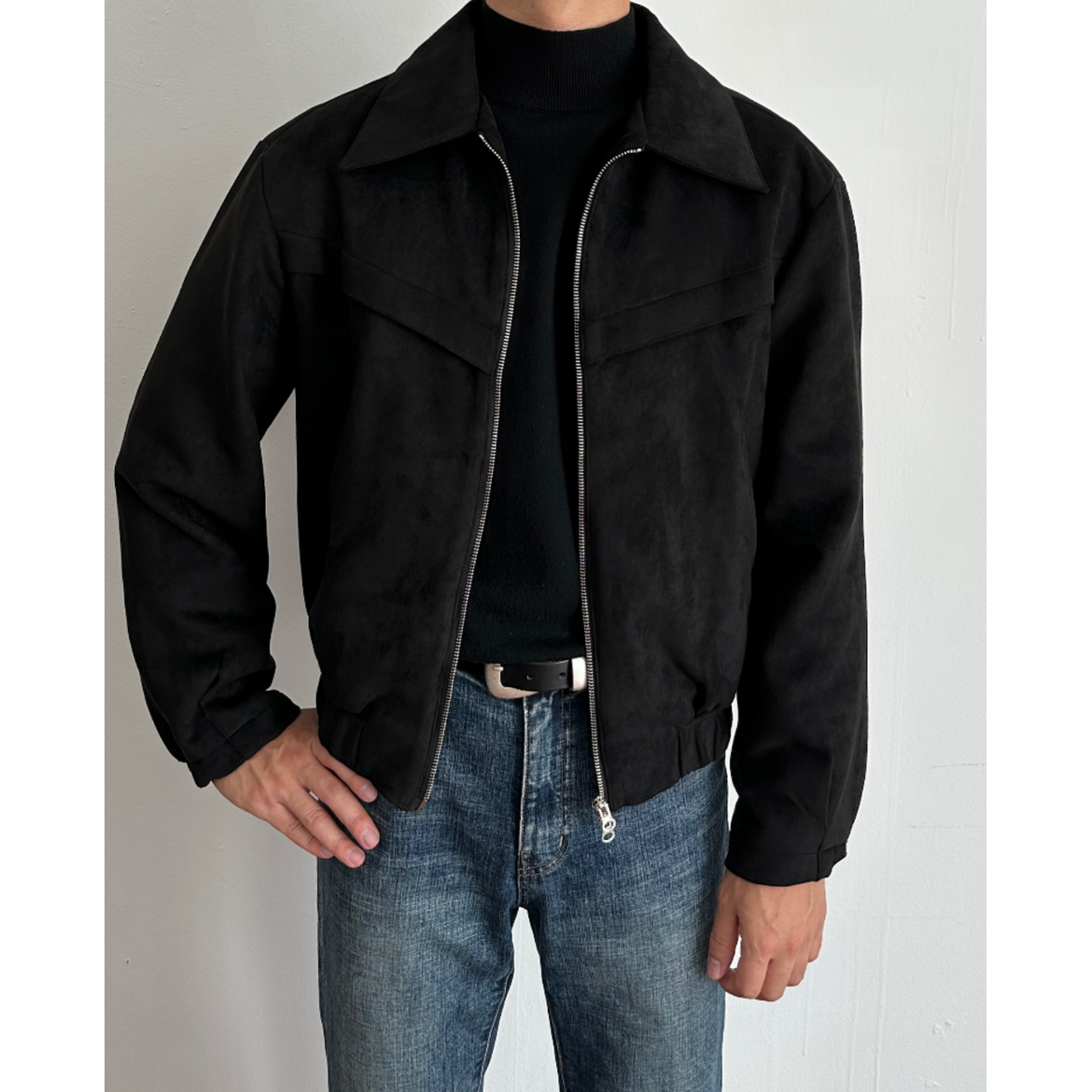 Men's Suede Jacket with Zip Closure and Pointed Collar