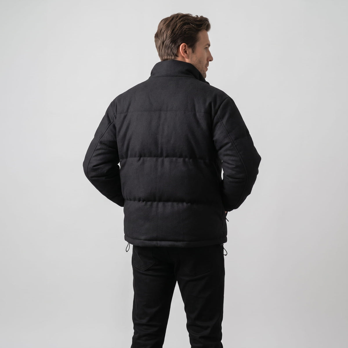 Suede Puffer Jacket – Stand Collar, Chunky Quilting & Drawcord Hem | Hudson