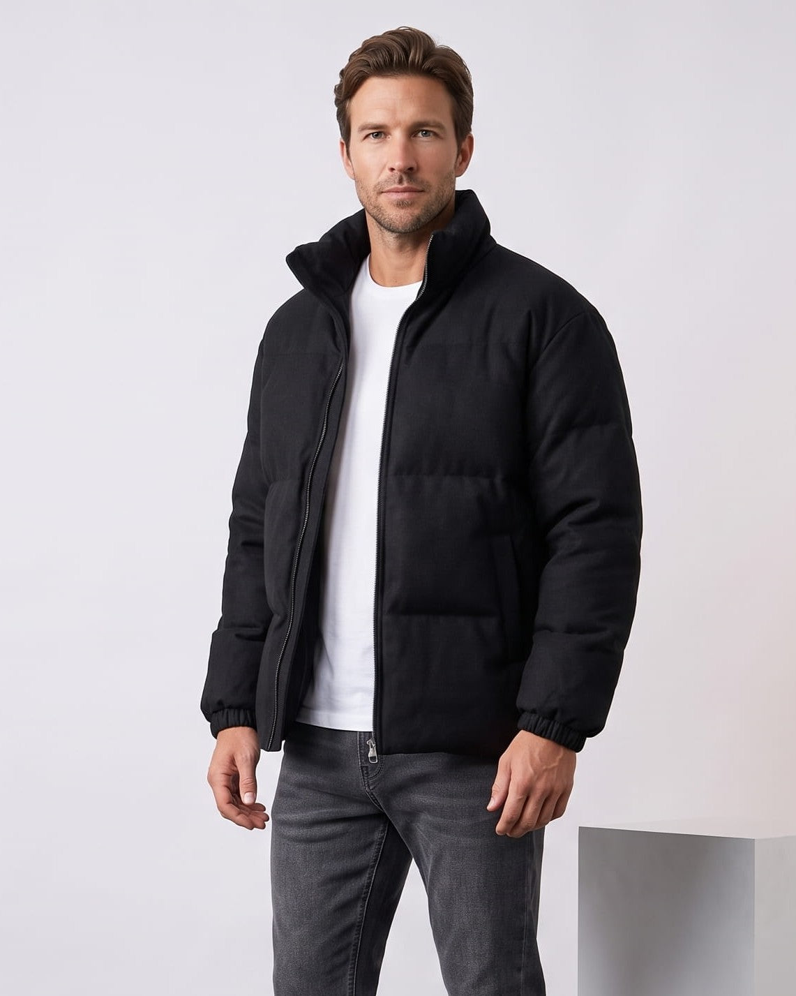 Suede Puffer Jacket – Stand Collar, Chunky Quilting & Drawcord Hem | Hudson