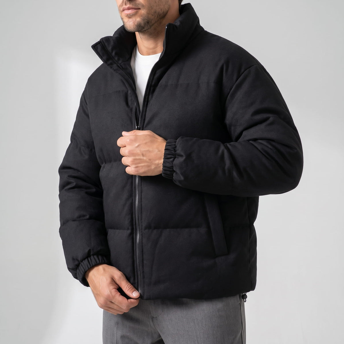 Suede Puffer Jacket – Stand Collar, Chunky Quilting & Drawcord Hem | Hudson