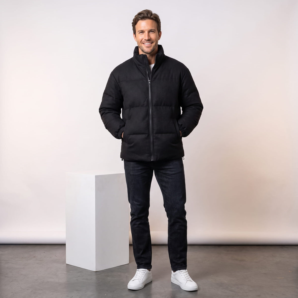 Suede Puffer Jacket – Stand Collar, Chunky Quilting & Drawcord Hem | Hudson