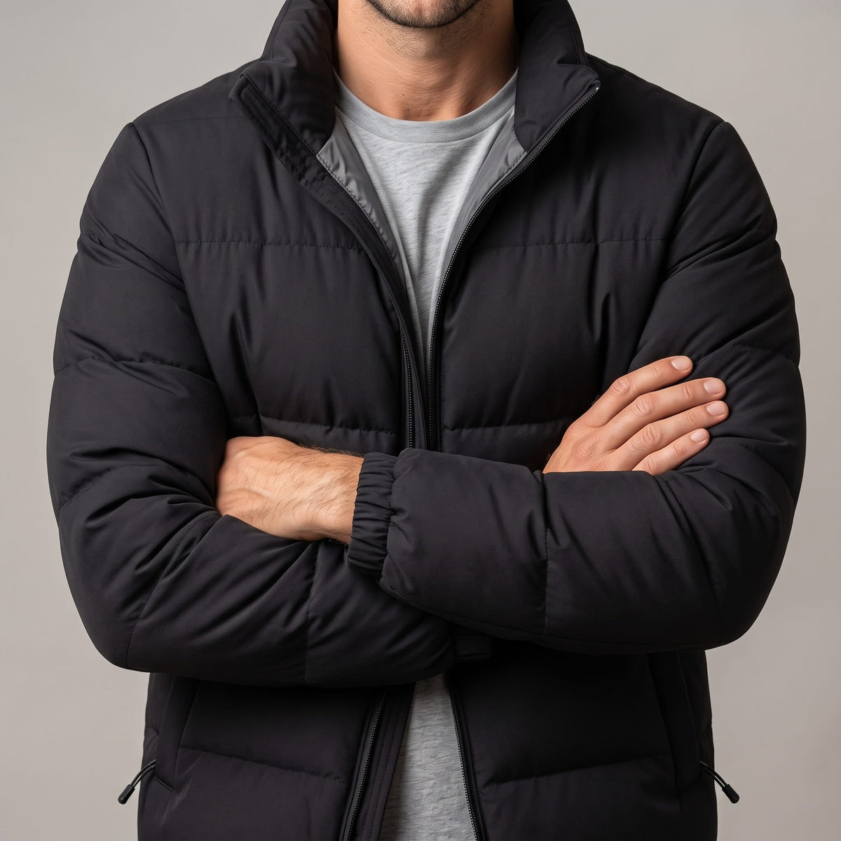 Suede Puffer Jacket – Stand Collar, Chunky Quilting & Drawcord Hem | Hudson