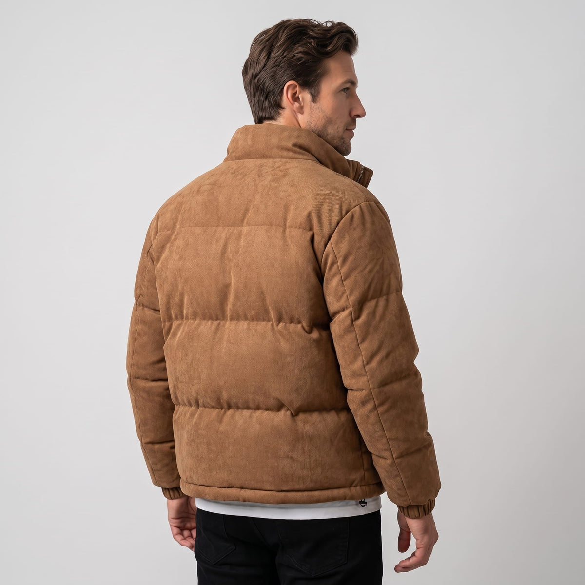 Suede Puffer Jacket – Stand Collar, Chunky Quilting & Drawcord Hem | Hudson