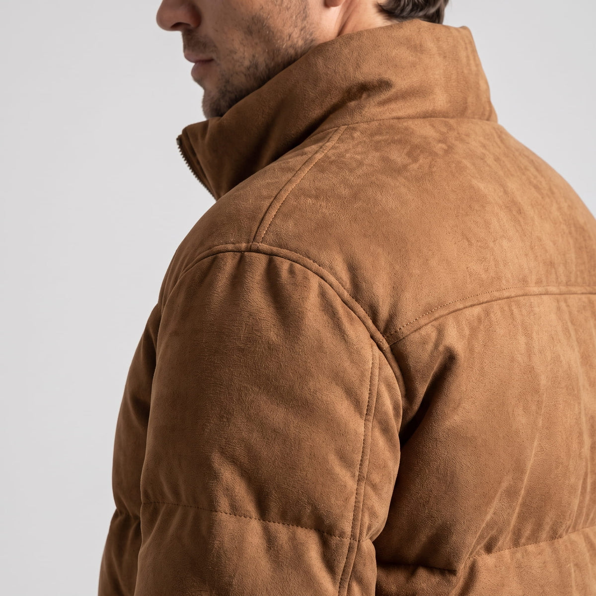 Suede Puffer Jacket – Stand Collar, Chunky Quilting & Drawcord Hem | Hudson