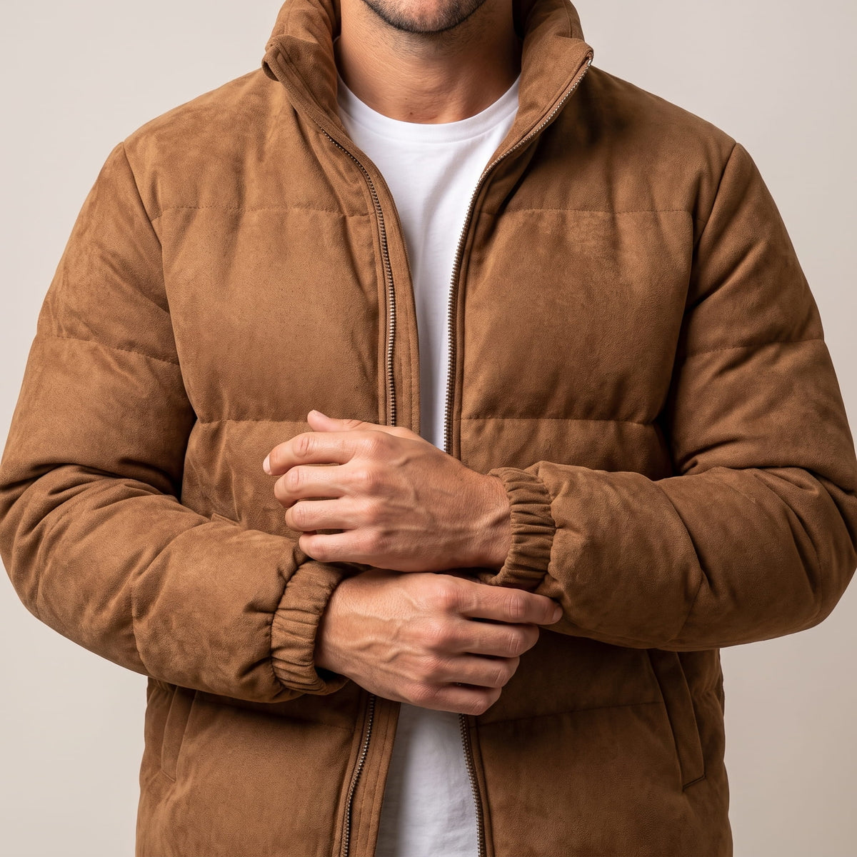 Suede Puffer Jacket – Stand Collar, Chunky Quilting & Drawcord Hem | Hudson