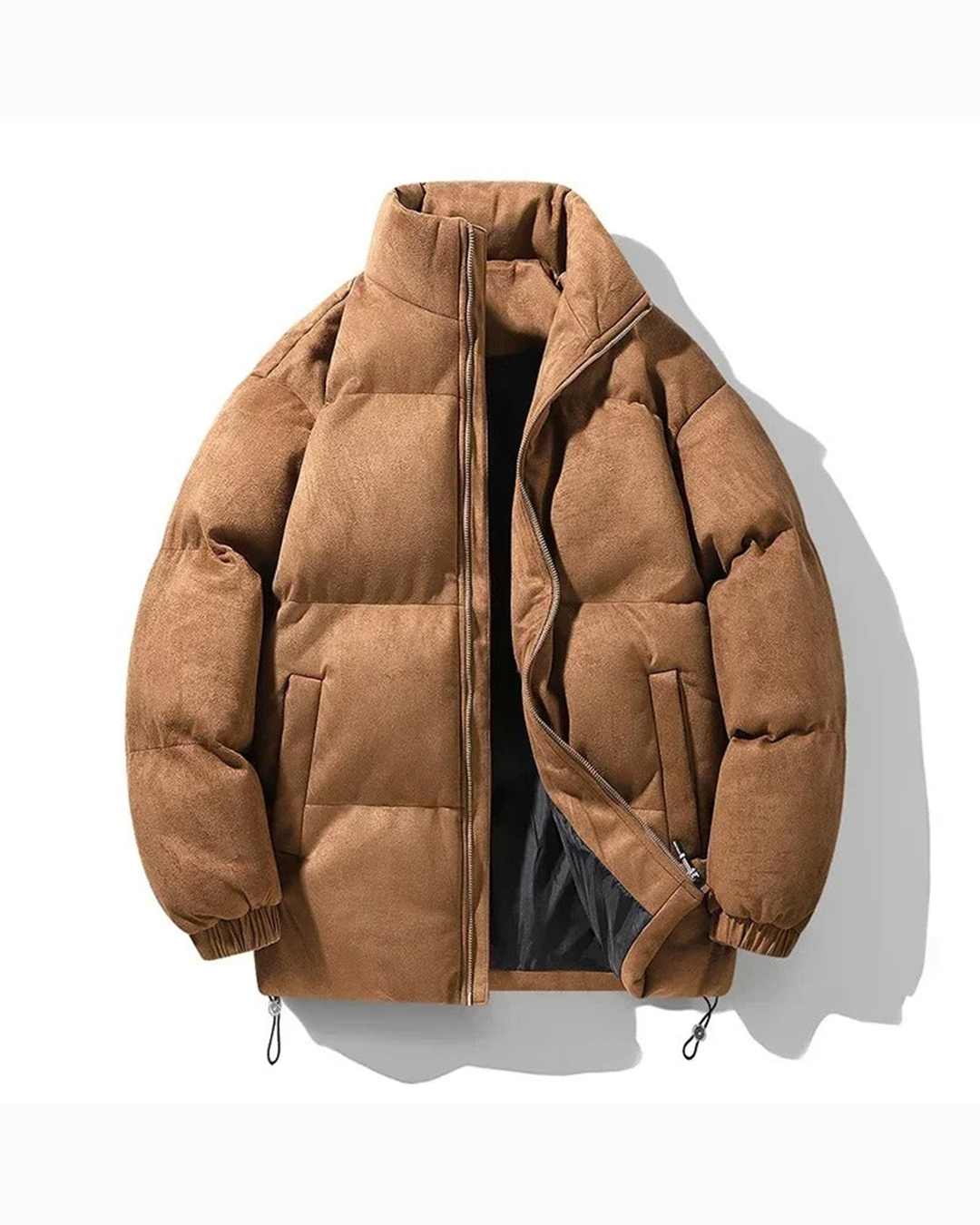 Suede Puffer Jacket – Stand Collar, Chunky Quilting & Drawcord Hem | Hudson