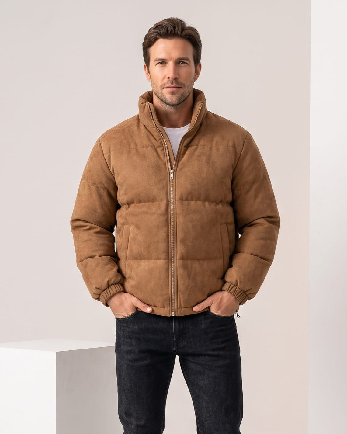 Suede Puffer Jacket – Stand Collar, Chunky Quilting & Drawcord Hem | Hudson