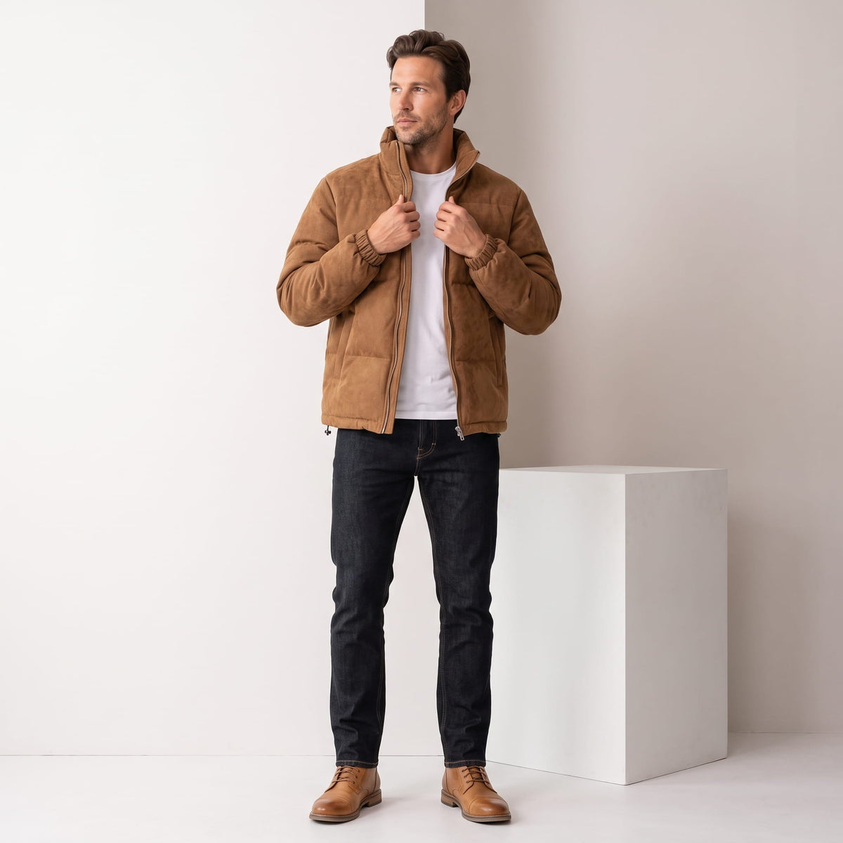 Suede Puffer Jacket – Stand Collar, Chunky Quilting & Drawcord Hem | Hudson