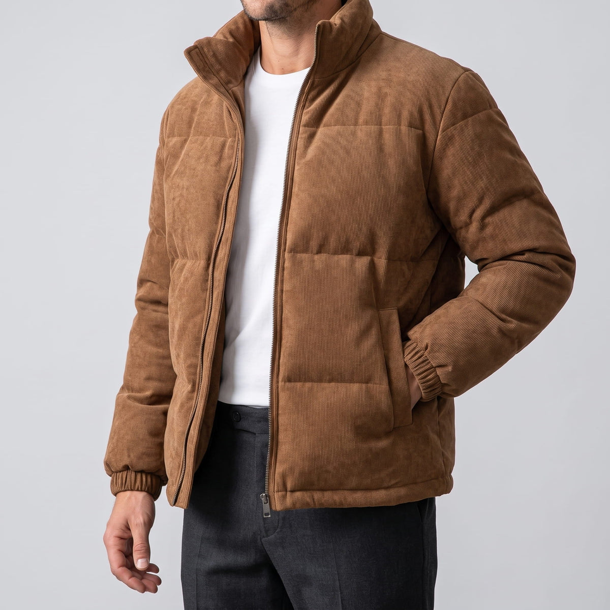 Suede Puffer Jacket – Stand Collar, Chunky Quilting & Drawcord Hem | Hudson