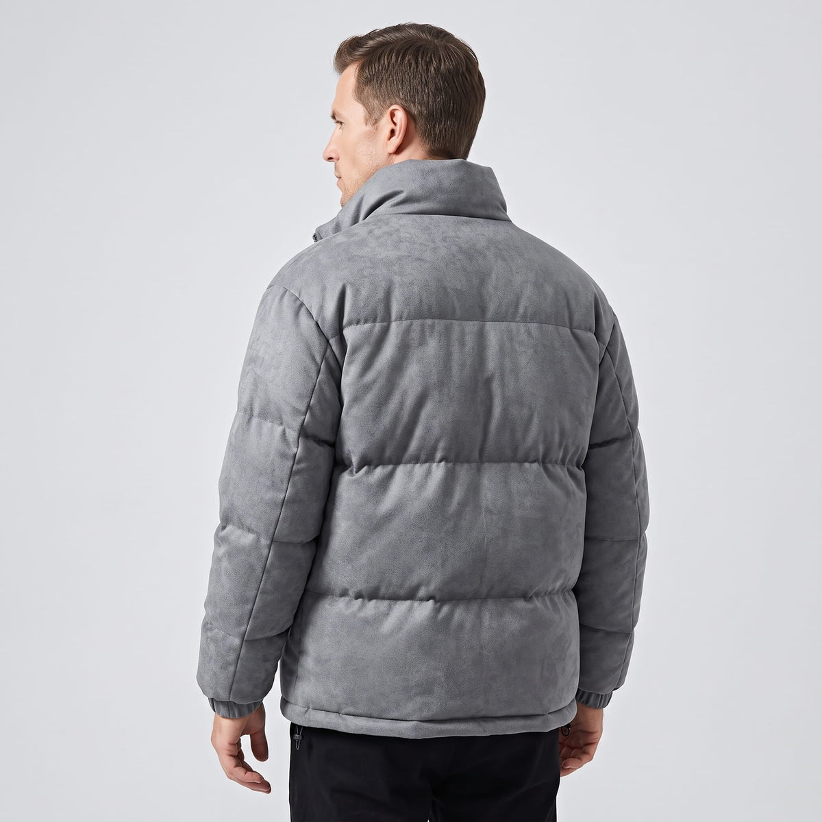 Suede Puffer Jacket – Stand Collar, Chunky Quilting & Drawcord Hem | Hudson