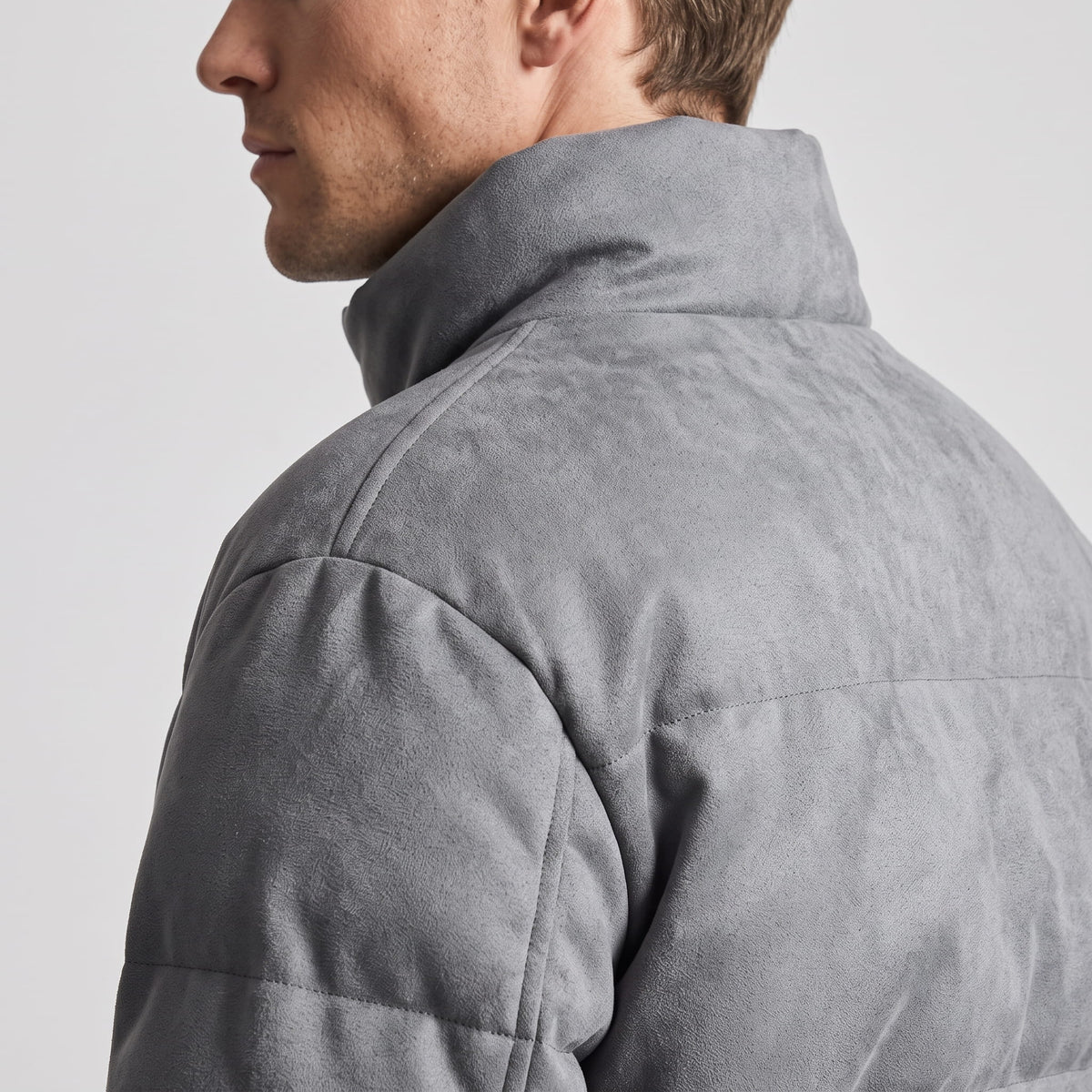 Suede Puffer Jacket – Stand Collar, Chunky Quilting & Drawcord Hem | Hudson