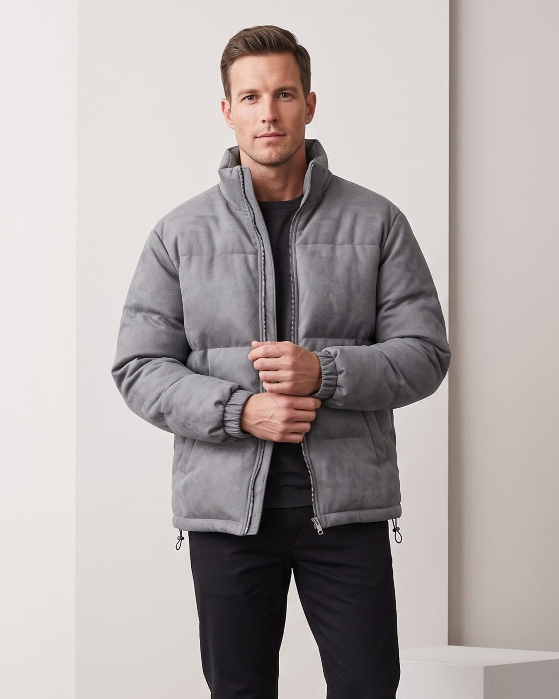Suede Puffer Jacket – Stand Collar, Chunky Quilting & Drawcord Hem | Hudson