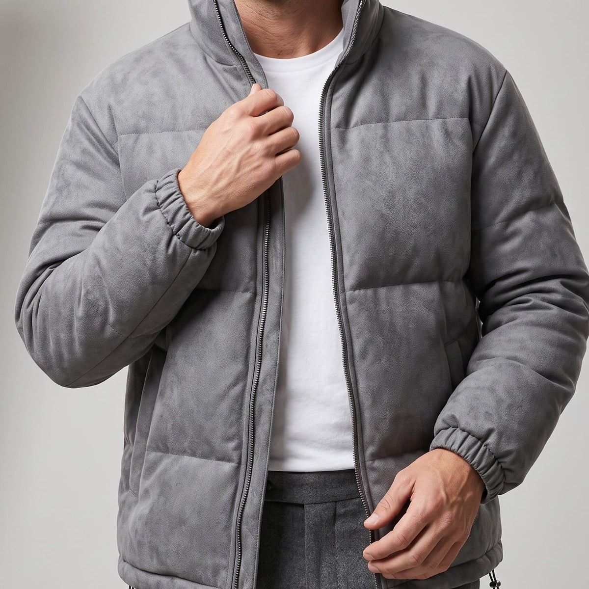 Suede Puffer Jacket – Stand Collar, Chunky Quilting & Drawcord Hem | Hudson