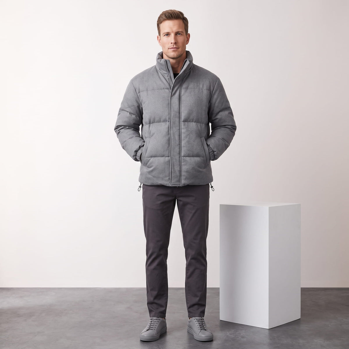 Suede Puffer Jacket – Stand Collar, Chunky Quilting & Drawcord Hem | Hudson