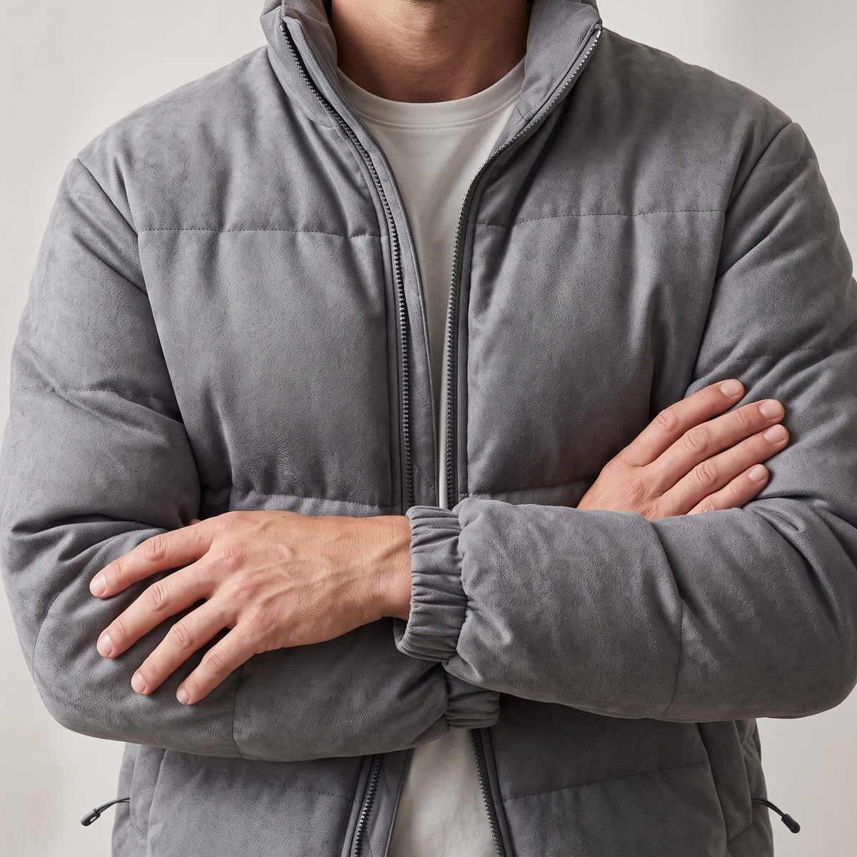 Suede Puffer Jacket – Stand Collar, Chunky Quilting & Drawcord Hem | Hudson