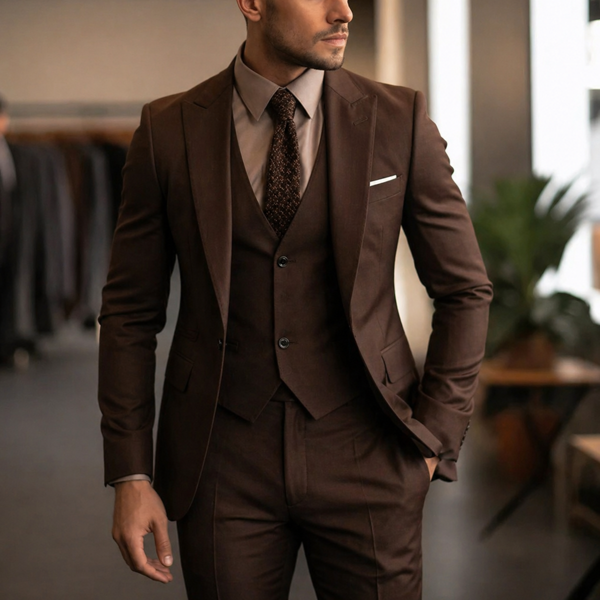 Men's Suit Three Piece Slim Fit Jacket with Vest and Dress Trousers Double Breasted
