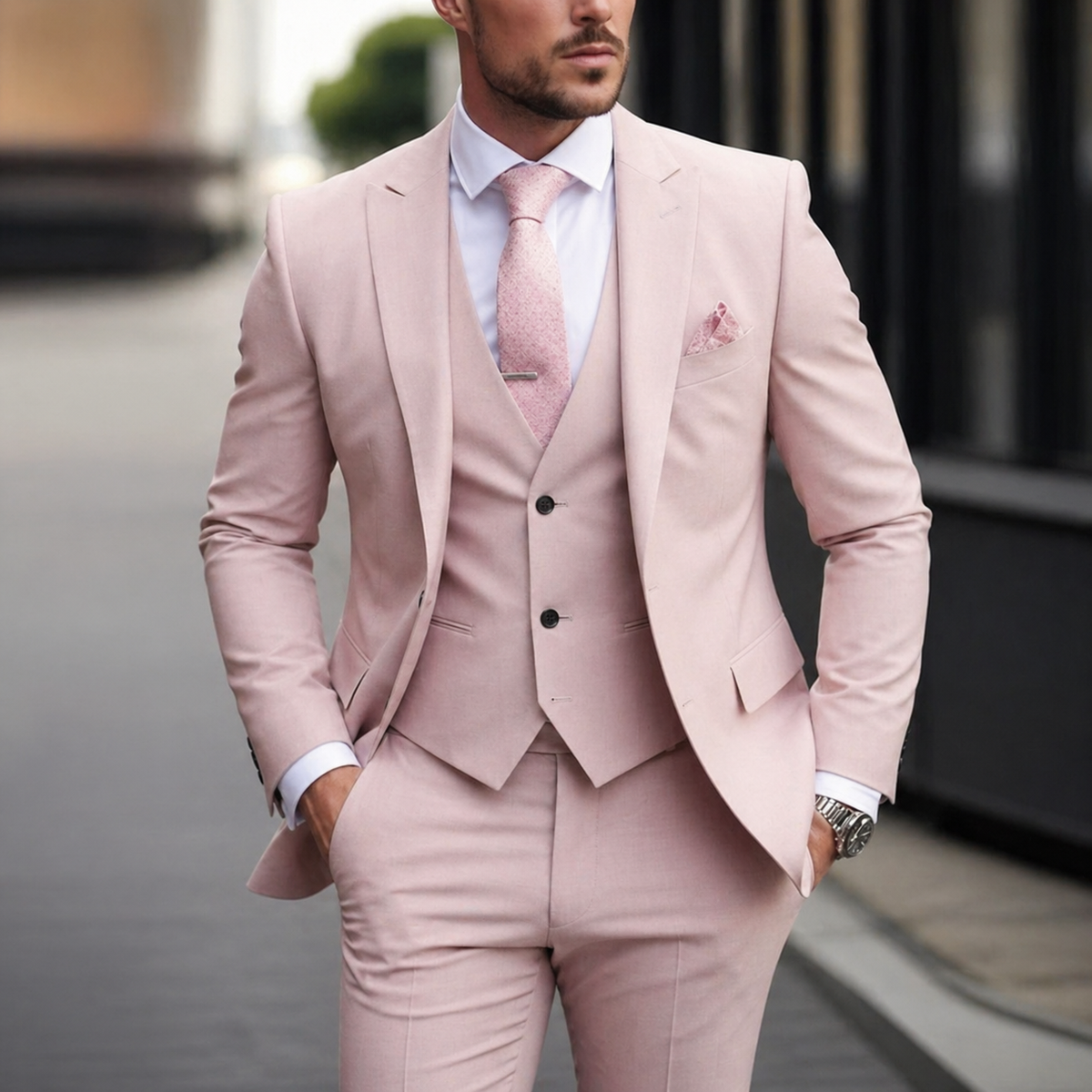 Men's Suit Three Piece Slim Fit Jacket with Vest and Dress Trousers Double Breasted