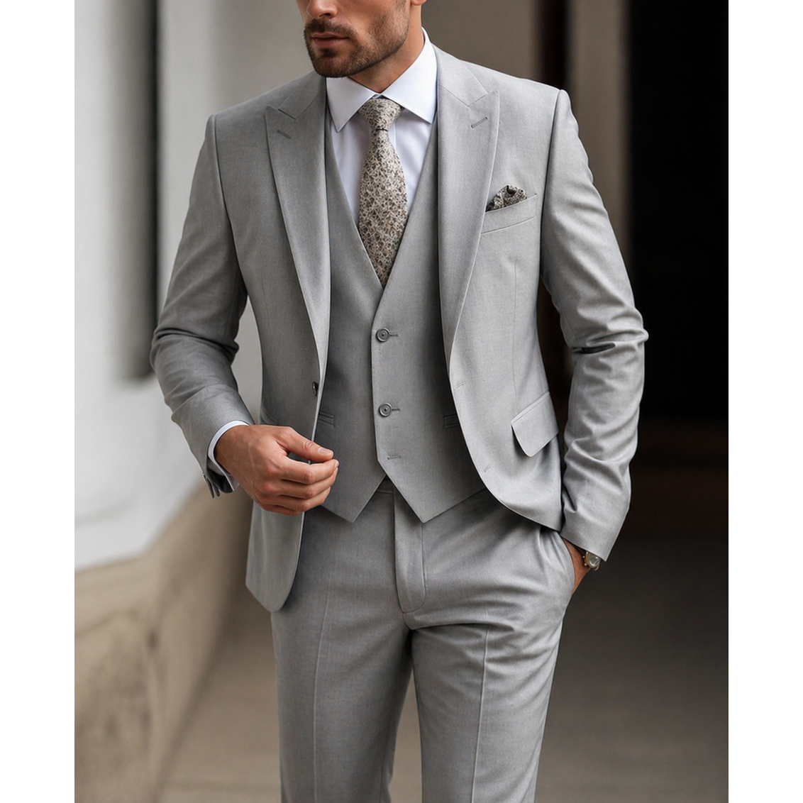 Men's Suit Three Piece Slim Fit Jacket with Vest and Dress Trousers Double Breasted