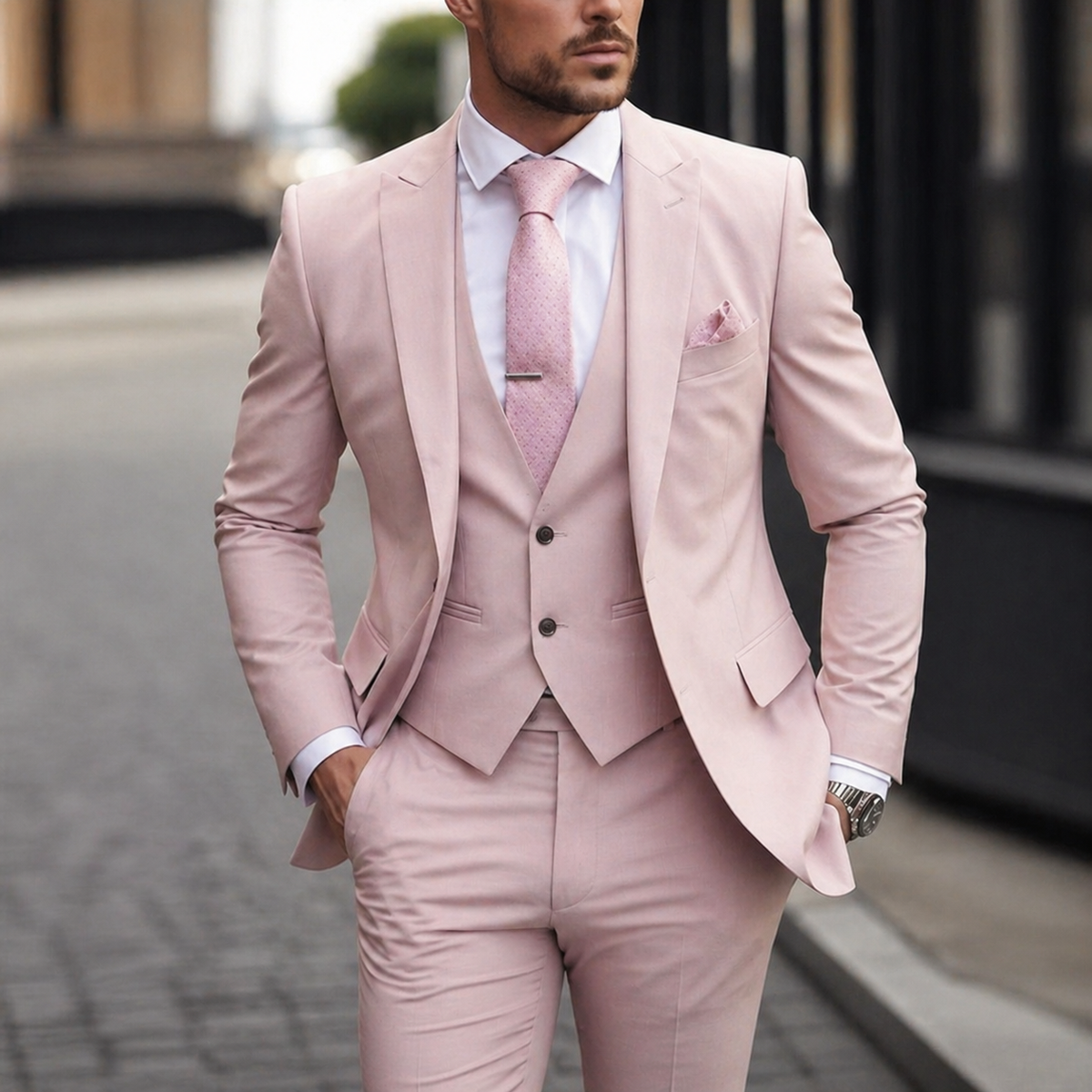 Men's Suit Three Piece Slim Fit Jacket with Vest and Dress Trousers Double Breasted