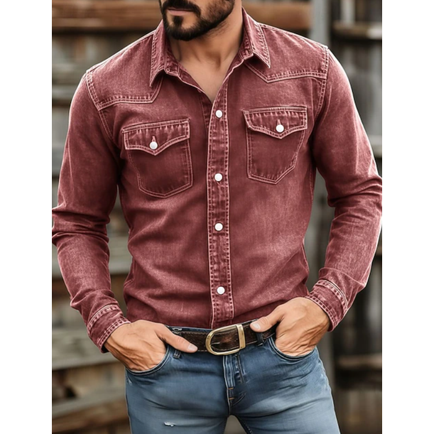 Men's Western Denim Shirt Long Sleeve with Snap Button Chest Pockets