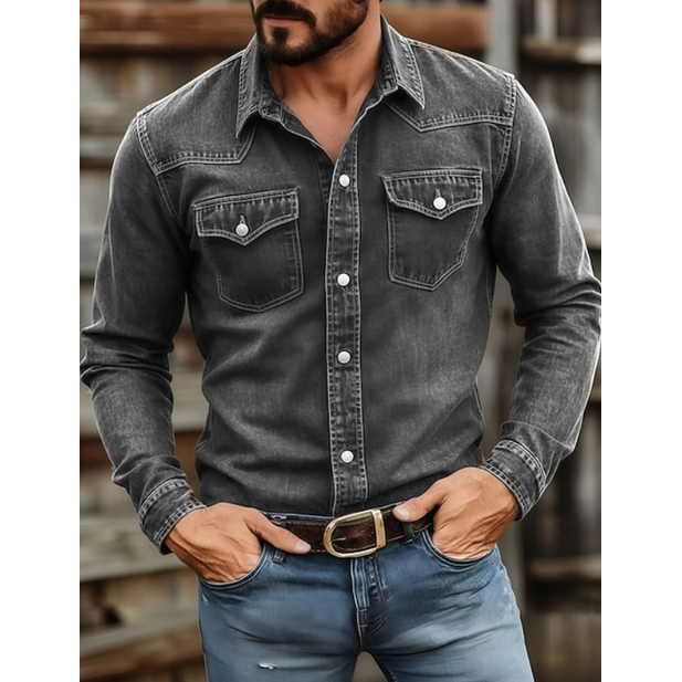 Men's Western Denim Shirt Long Sleeve with Snap Button Chest Pockets