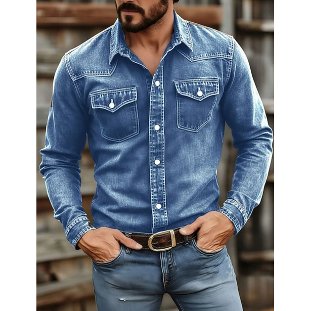 Men's Western Denim Shirt Long Sleeve with Snap Button Chest Pockets