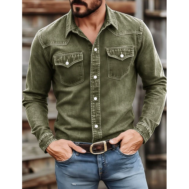 Men's Western Denim Shirt Long Sleeve with Snap Button Chest Pockets