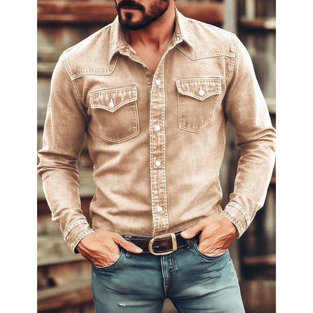 Men's Western Denim Shirt Long Sleeve with Snap Button Chest Pockets