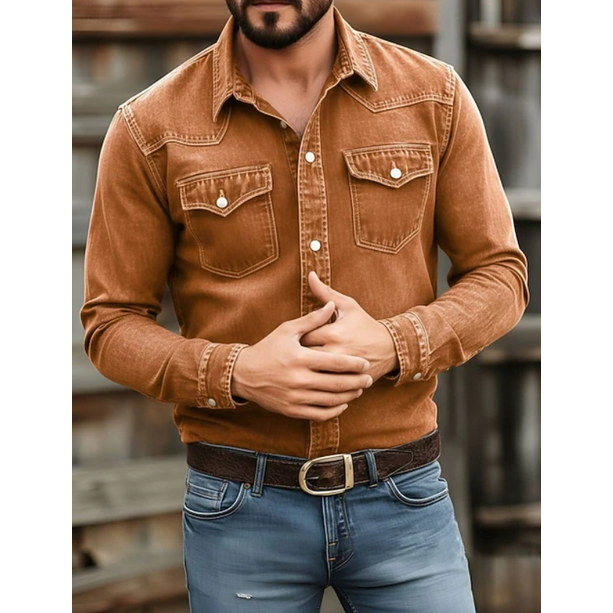 Men's Western Denim Shirt Long Sleeve with Snap Button Chest Pockets