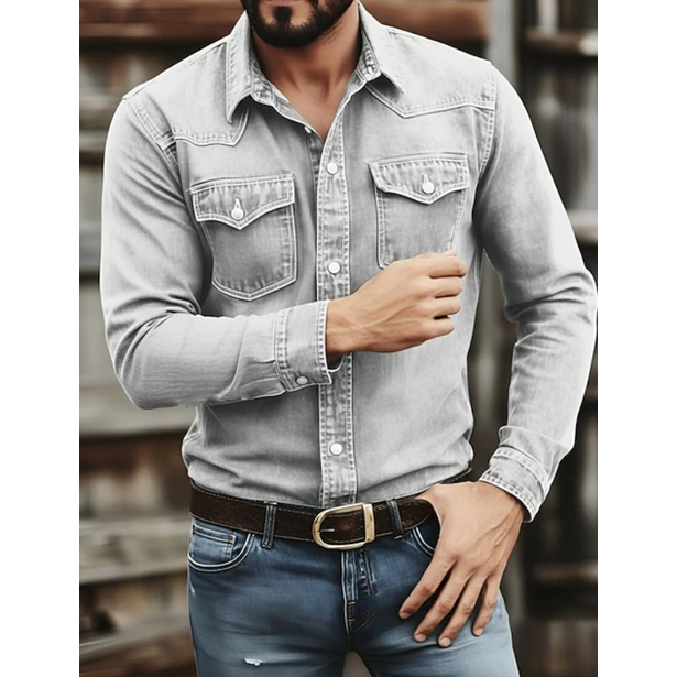 Men's Western Denim Shirt Long Sleeve with Snap Button Chest Pockets