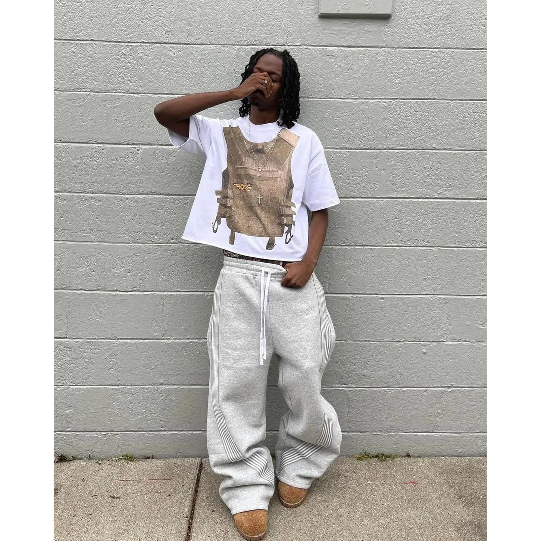 Men's Wide Leg Baggy Fleece Sweatpants with Side Stripes and Pockets