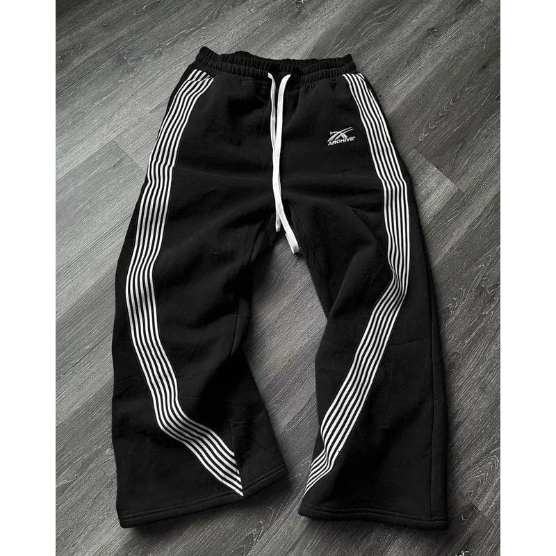 Men's Wide Leg Baggy Fleece Sweatpants with Side Stripes and Pockets