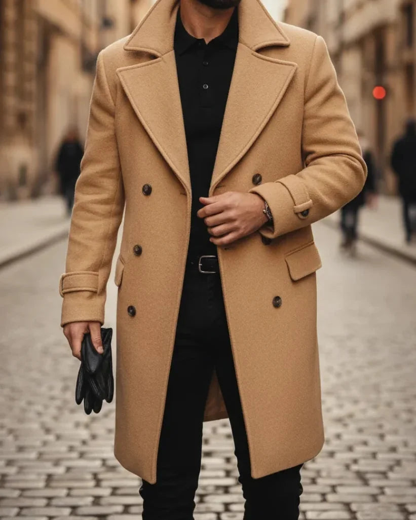 Men's Wool Coat – Blue Double-Breasted Longline