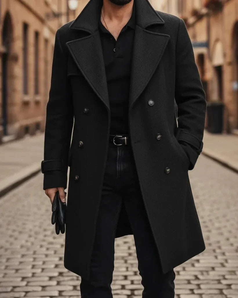 Men's Wool Coat – Blue Double-Breasted Longline