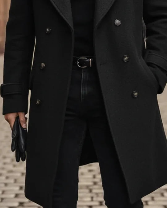 Men's Wool Coat – Blue Double-Breasted Longline