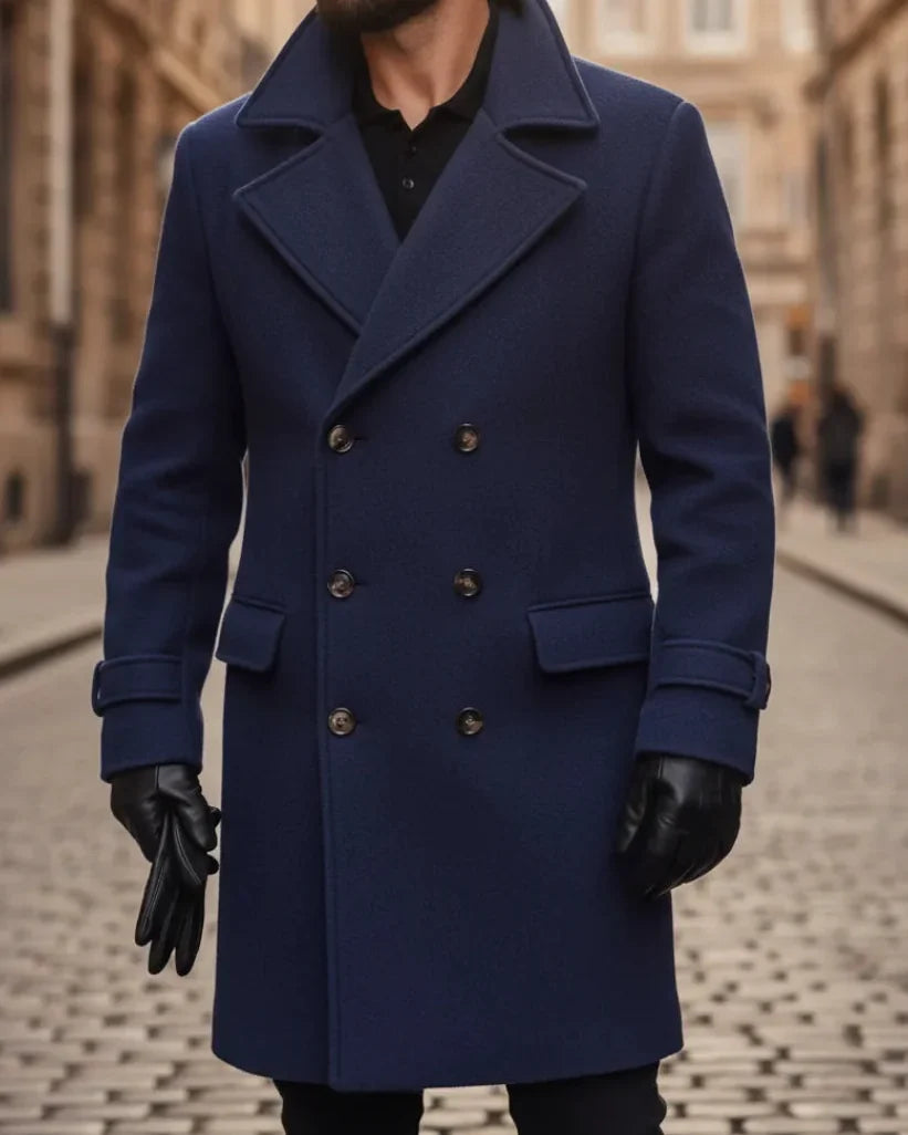 Men's Wool Coat – Blue Double-Breasted Longline