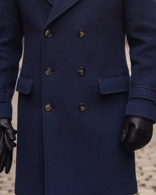 Men's Wool Coat – Blue Double-Breasted Longline