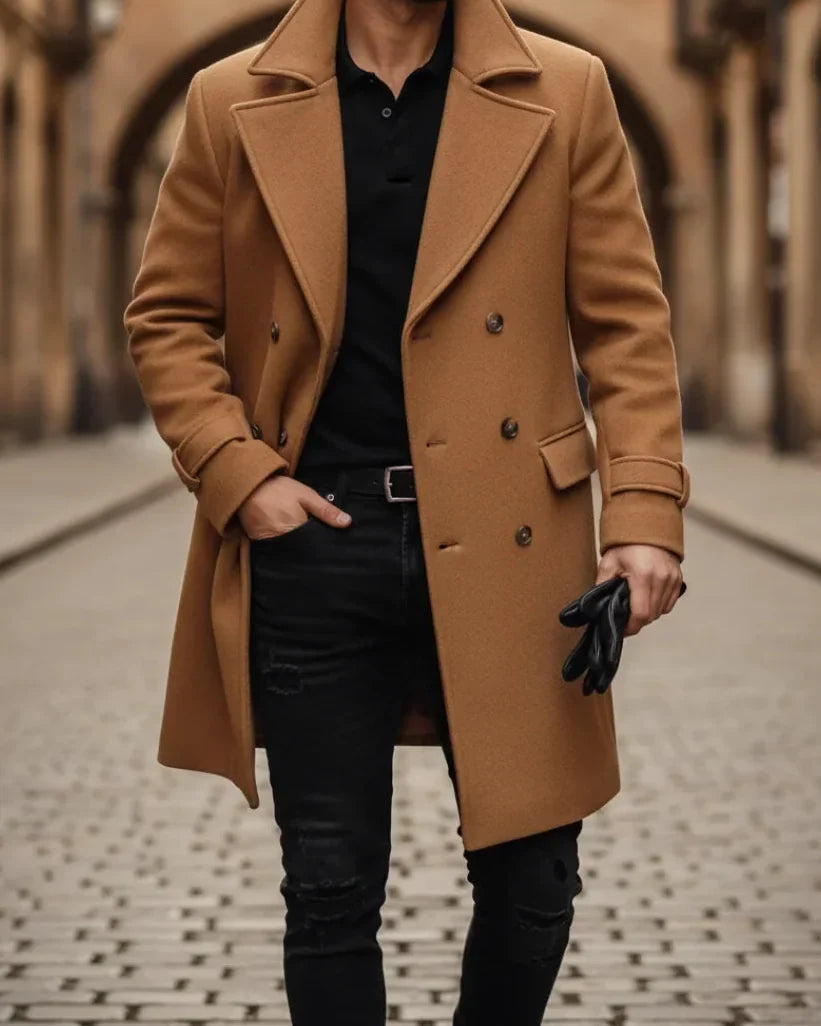 Men's Wool Coat – Blue Double-Breasted Longline